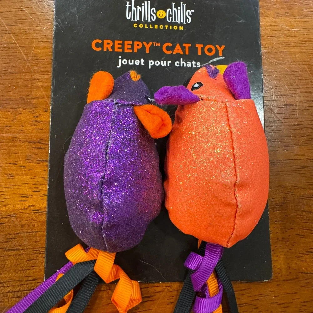 Thrills & Chills Creepy Cat Toy 2‎ Pack Glitter Mice Halloween Purple Orange NEW